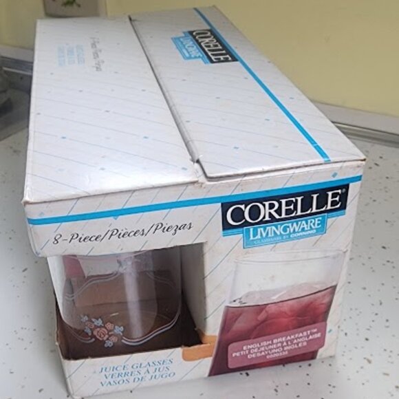 Set of 8 Corelle 7.5oz Juice Glasses- English Breakfast Pattern-1996 - Picture 1 of 3